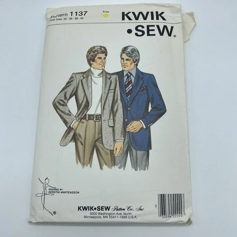 Kwik Sew 1137 Men’s Sport Coat Sewing Pattern Chest 34–40 Uncut 1981 Vintage
